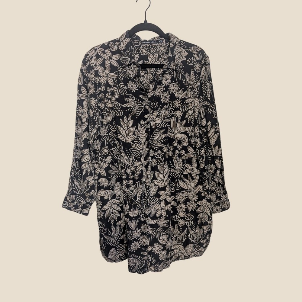 Gudrun Sjoden Black Beige Floral Linen Lyocell Button Down Tunic Shirt Medium